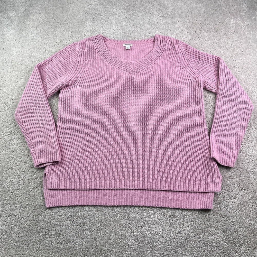 LL Bean Sweater Womens Large Pink V Neck Shaker Stitch Cotton Knit Cottagecore